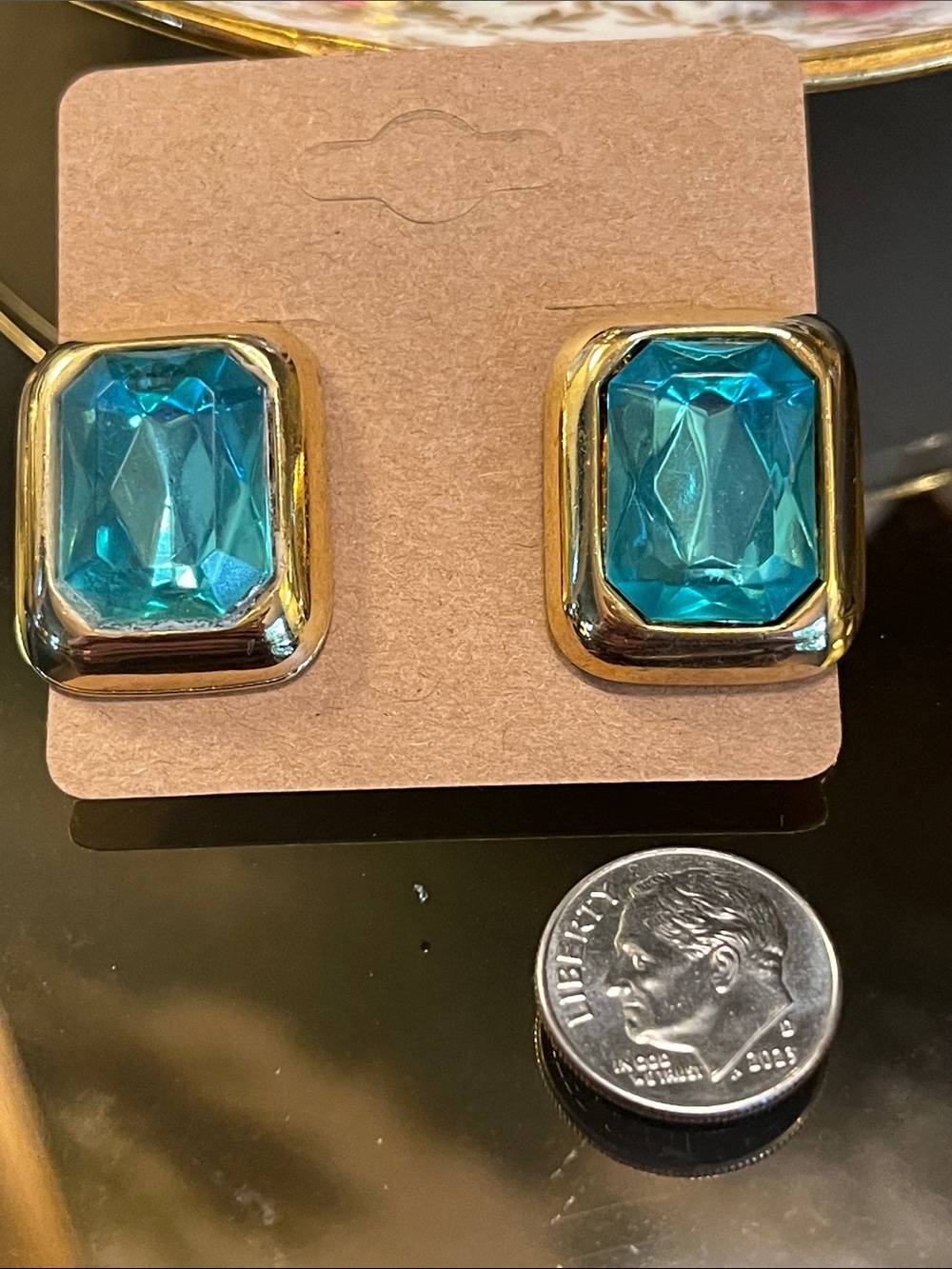 Vintage Blue and Gold Crystal Stud Earrings - Picture 2 of 5